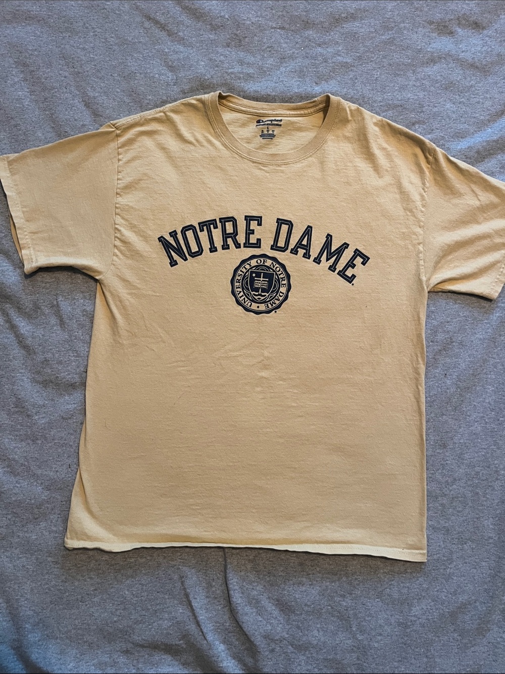 Champion Crewneck Tee - Beige with Navy Notre Dame Logo size L